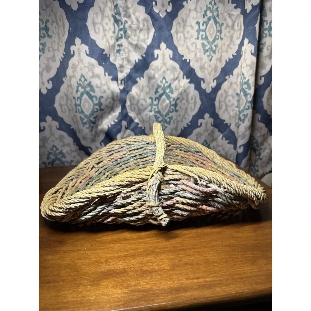 Vintage Rope Gathering Basket‎ Large Distressed Branch Handle Pastel Colors